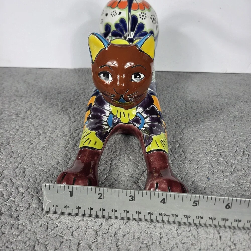 Talavera Cat Figurine Mexican Pottery Art Hand Painted 16.5 x 5 X 9.5 In
